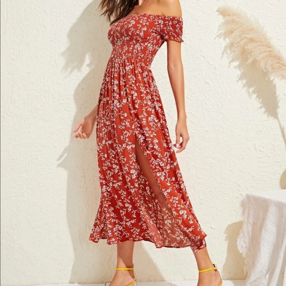 Boho floral shirred off shoulder thigh slit dress - Picture 4 of 5